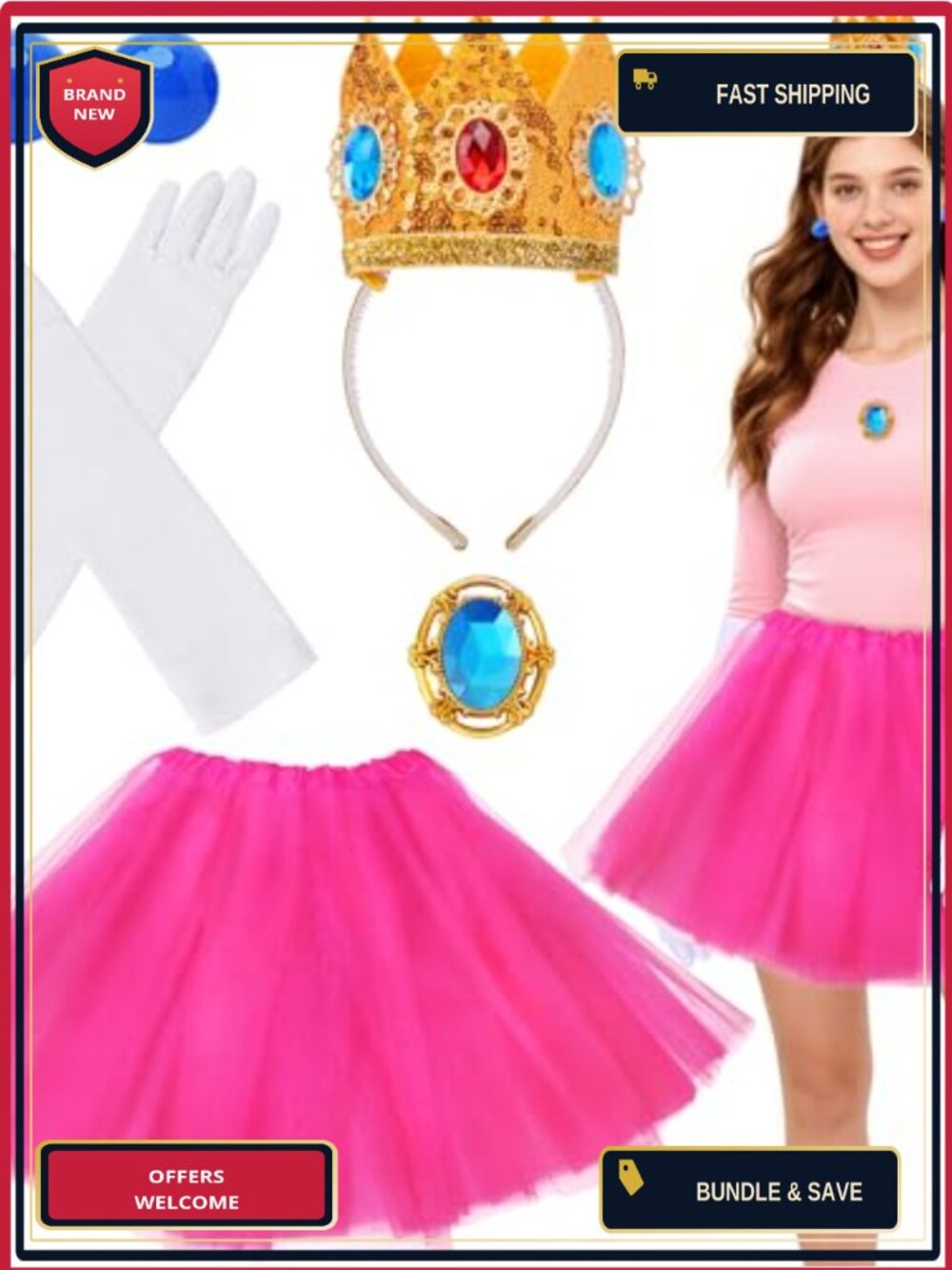 Princess Costume Set 5 PCS Sequin Crown Tutu Gloves Women Halloween